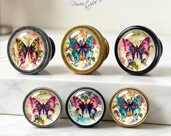 Watercolor Butterfly Cabinet Knobs, Round Drawer Pulls,Antique Brass/Black/Grey Furniture Knob,Cottagecore Dresser Hardware, Home Decor Gift