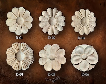 Wood Carved Applique: Round Rosettes Applique Onlay, Unpainted Rubberwood Onlay, Wood Rosette, D2