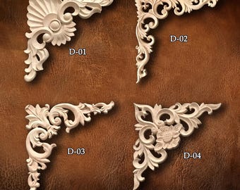 Unpainted Wood Applique: Carved Corner Onlay, Flower Wood Carving Natural Wood Appliques, Wood Corner flower, Wood decal, D43