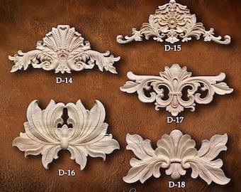 Retro Molding Wood Applique Wood Sticker, Flower Wood Carving Natural Wood Appliques, Unpainted Wood Applique Onlay, Furniture Decor, D16-3