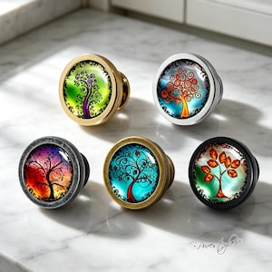 Tree Of Life Cabinet Knobs, Colorful Art Tree Drawer Pulls, Whimsical Nature Dresser Knob, Boho Furniture Hardware for Cupboard Closet