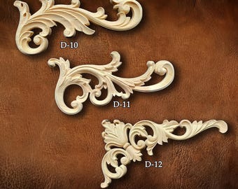 Unpainted Wood Applique: Carved Corner Onlay, Flower Wood Carving Natural Wood Appliques, Wood Corner flower, Wood decal, D33-2