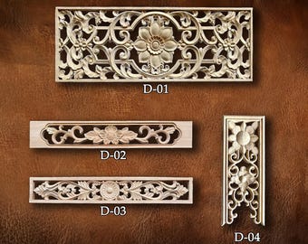 Aplique de madera con moldura retro, adhesivo de madera, apliques de madera natural tallados en flores, aplique de madera sin pintar, decoración de muebles, D28
