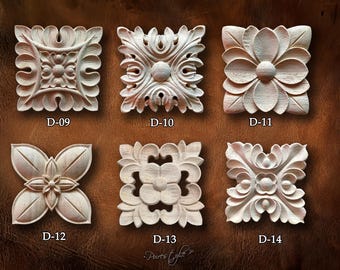 Wood Carved Applique: Square Rosettes Applique Onlay, Unpainted Rubberwood Onlay, Wood Rosette, D6-2