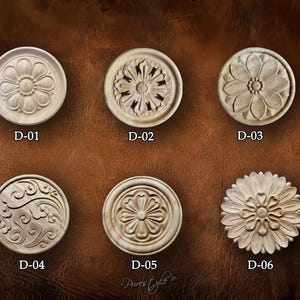 Wood Carved Applique: Round Rosettes Applique Onlay, Unpainted Rubberwood Onlay, Wood Rosette, D4