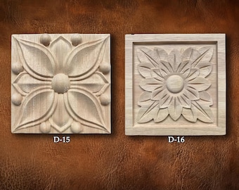 Wood Carved Applique: Square Rosettes Applique Onlay, Unpainted Rubberwood Onlay, Wood Rosette, D7-4