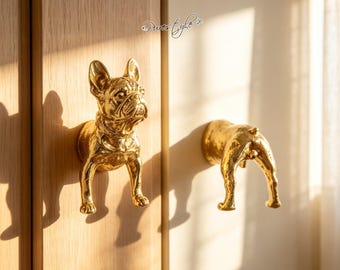 Novelty Split French Bulldog Brass Cabinet Handle,Brass Frenchie 2-Part Drawer Pull, Cute Animal Cabinet Knob, Decorative Furniture Hardware