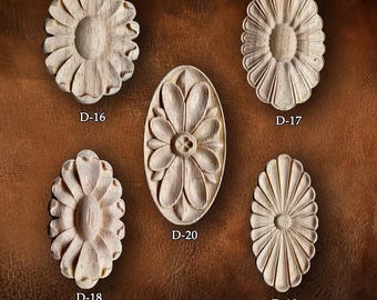Wood Carved Applique: Oval Rosettes Applique Onlay, Unpainted Rubberwood Onlay, Wood Rosette, D4-3