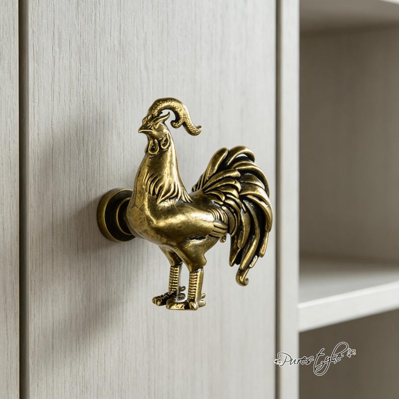 Tiradores de armario con forma de gallo de latón macizo, tiradores de cajón con forma de animal de latón antiguo, herrajes para muebles con forma de ave de granja para cómodas y armarios. imagen 3