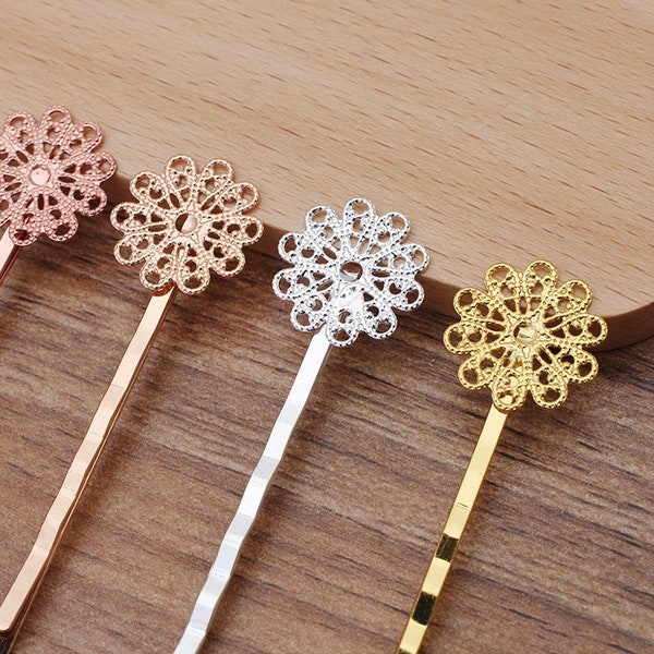 On Sale-20pcs Blank Flower Hair Pins,brass Hair Clip,Blank Hair Clip Barrette,Hair pin Blank with 15mm Flower Pad Bobby Pins Hair Clips,5072