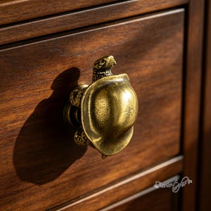 May include: A brass-toned metal drawer knob shaped like a turtle, featuring a smooth, rounded shell and detailed head and limbs. The hardware is mounted onto a dark brown wooden drawer front, casting a distinct shadow to the left of the object.