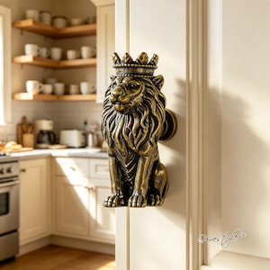 Tirador de cajón de latón antiguo con forma de león coronado, tirador de armario con forma de león rey, tirador de latón, herrajes de muebles vintage con forma de animal para la decoración de cómodas y armarios.