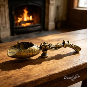 May include: A brass tea scoop featuring a bowl shaped like a textured lotus leaf, a stem handle adorned with a small lotus flower, and a cylindrical base support. The metal has a weathered, antique finish with visible veins on the leaf bowl.