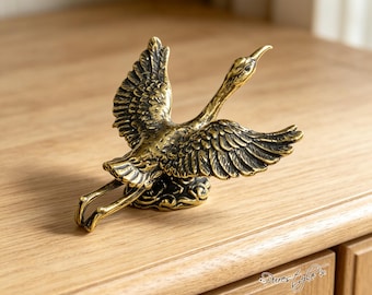 Solid Brass Crane Drawer Knob, Bird Cabinet Pull, Vintage Brass Knob, Unique Animal Furniture Hardware for Dresser Cupboard Decor