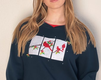 Vintage Christmas Sweater Sweatshirt with Cardinals / Holiday Traditions