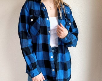 Vintage Blue Plaid Buffalo Checkered Button Up