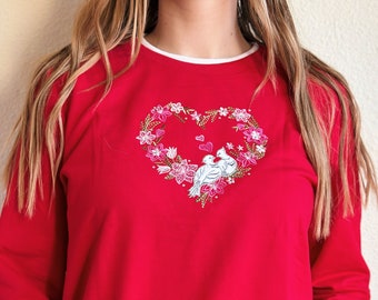 Vintage Red Valentine Day Sweater with Heart and Doves