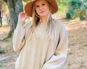 Vintage Tan Beige Sweater / Diamond Knit Print