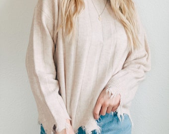 Beige Distressed Hem Sweater / Very J Brand