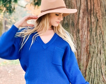 Vintage Cobalt Blue V- Neck Sweater / 80s 90s / Dario