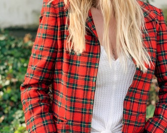 Vintage Preppy Plaid Cropped Jacket / Wool Shell / Small