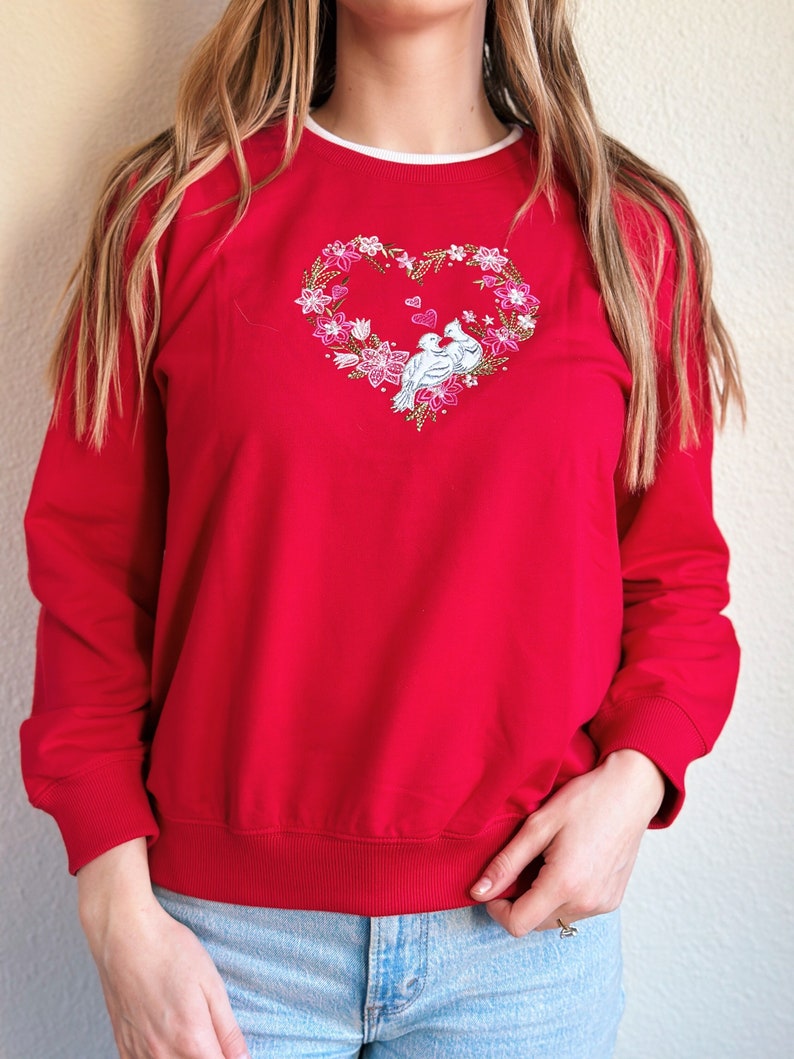 Vintage Red Valentine Day Sweater with Heart and Doves image 1