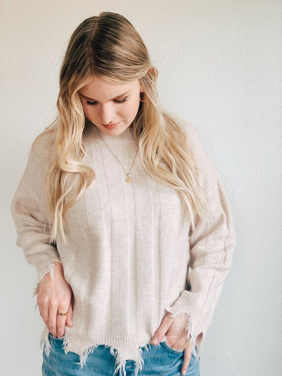 Beige Distressed Hem Sweater / Very J 