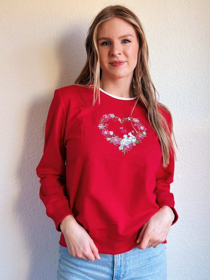 Vintage Red Valentine Day Sweater with Heart and Doves image 3