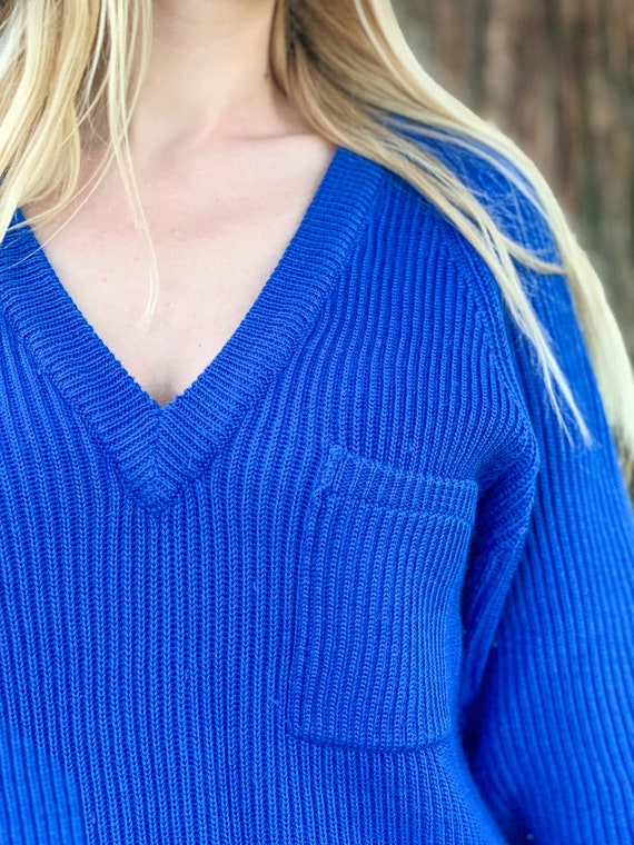 Vintage Cobalt Blue V- Neck Sweater / 80s 90s / D… - image 8