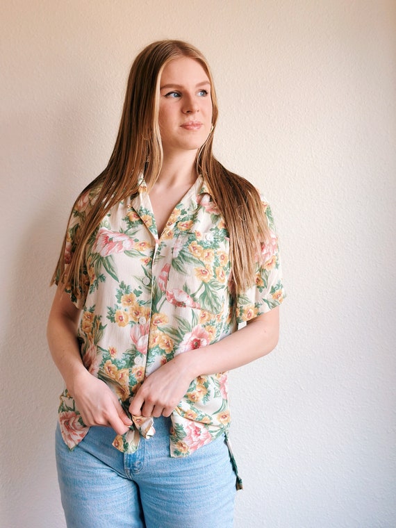 Vintage Floral Button Up Collared T Shirt / Pastel