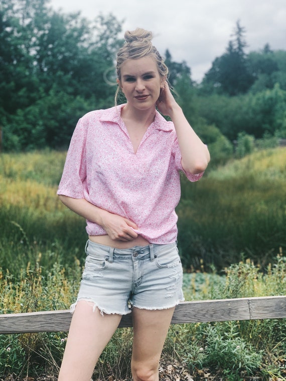 Vintage 70s Floral Silky Pink Collared Blouse / Sp