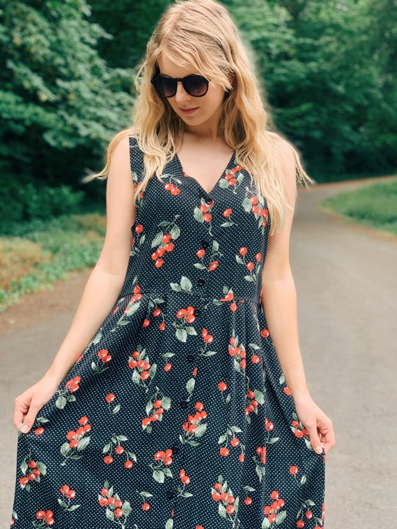 Vintage Cherry Fruit Maxi Dress / 90s Black and Wh