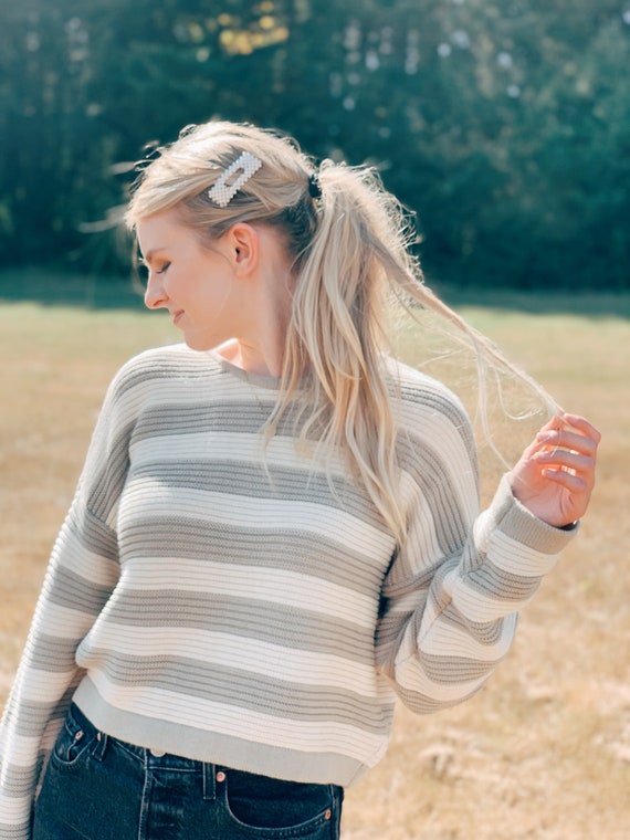 Stripped Cropped Sweater / Green and White Fall Sw
