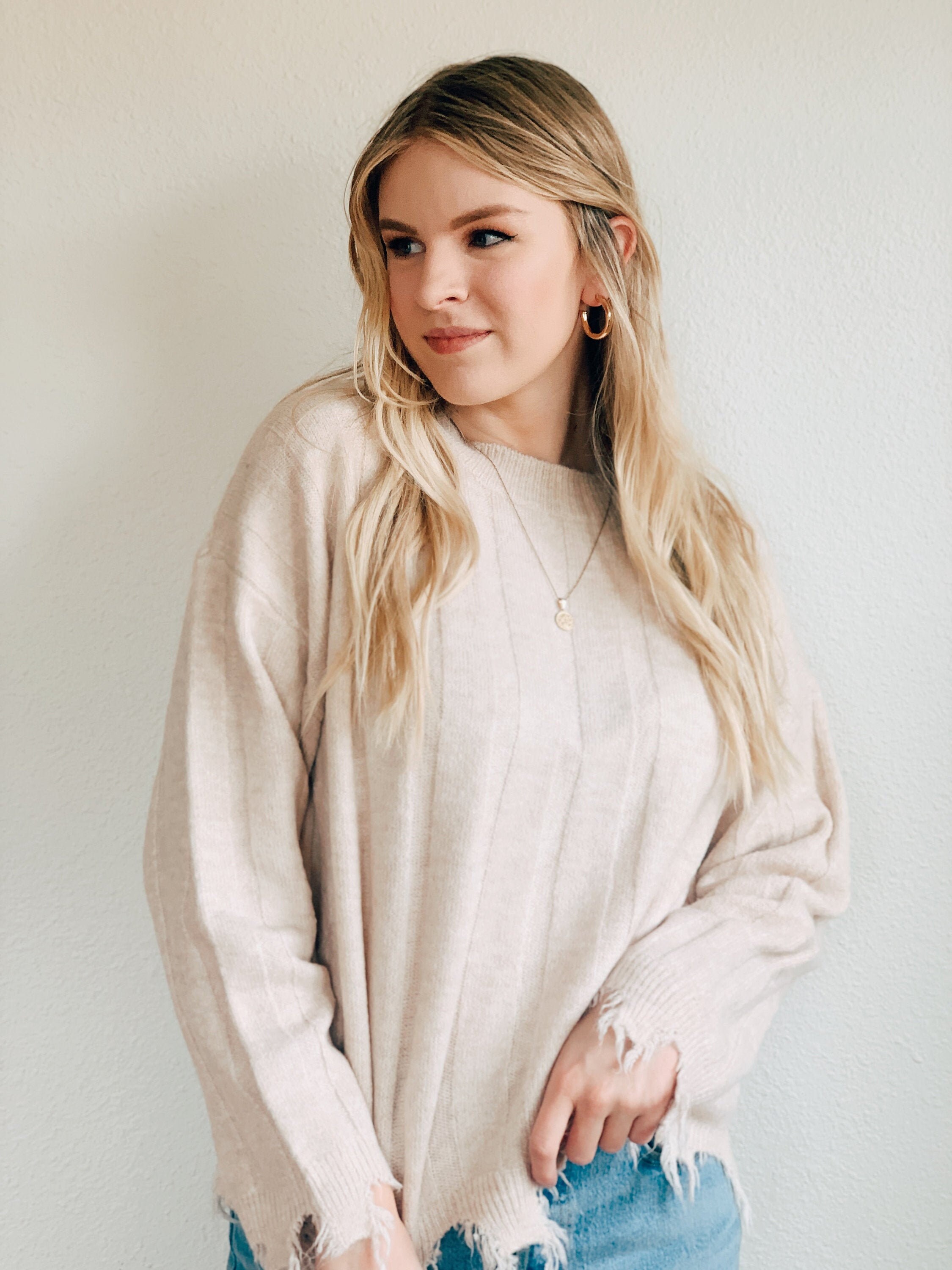 Beige Distressed Hem Sweater / Very J 