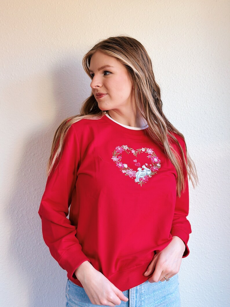 Vintage Red Valentine Day Sweater with Heart and Doves image 4