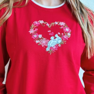 Vintage Red Valentine Day Sweater with Heart and Doves image 6