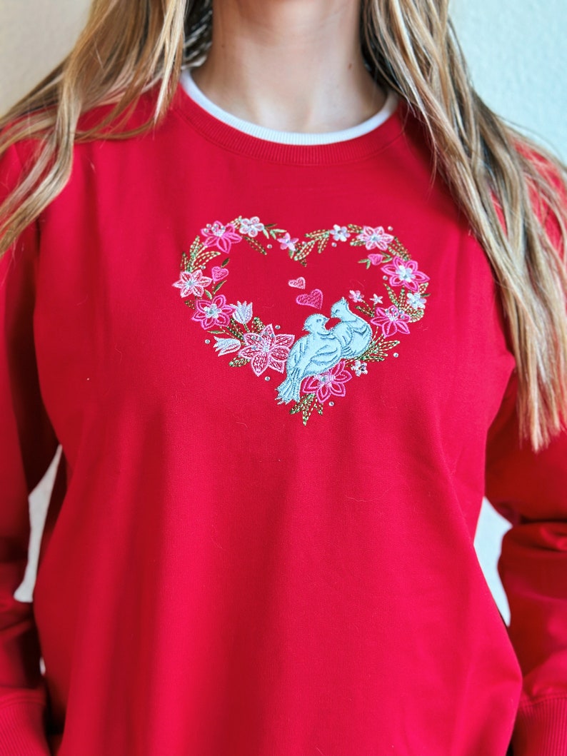 Vintage Red Valentine Day Sweater with Heart and Doves image 6