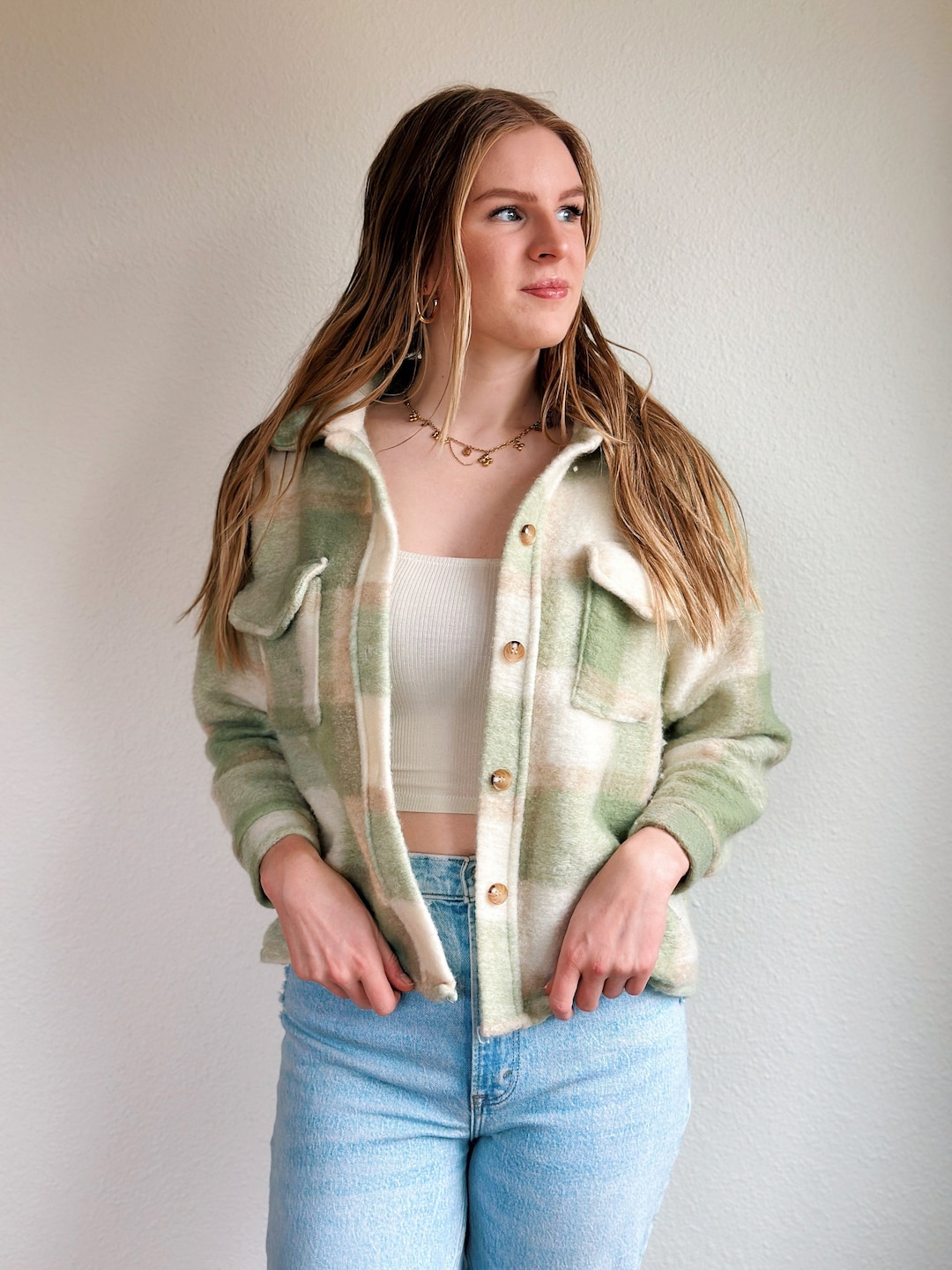 SAGE + FIG Plaid Half Button Gauze Top