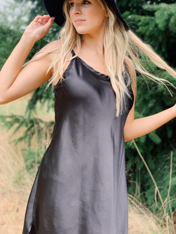 Vintage Black Silky Slip Dress