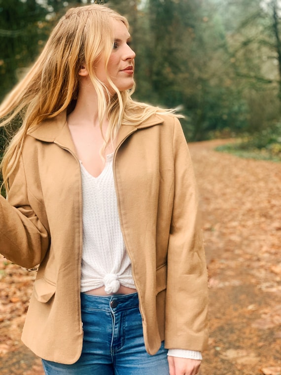 Vintage Tan Wool Jacket / Zip Up Coat / 80s 90s - image 2