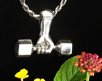 Sterling silver double-sided dumbbells, Weightlifting pendant, close fist lifting dumbbells, original design, unique jewelry.