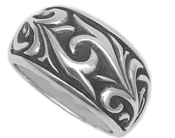 Solid 925 sterling silver florentine vine ring, elegant handcrafted original and unique band.