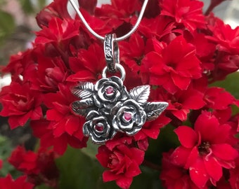 Rose bouquet pendant with three 2mm, round, genuine birthday gemstones of your choice. Solid, oxidized, 925 sterling silver.