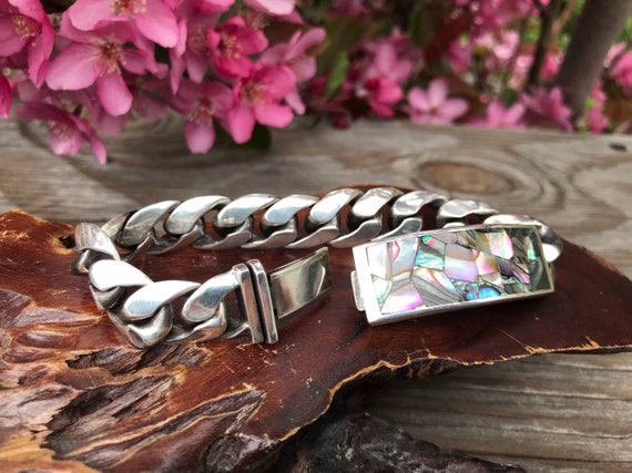 The Most Unique Vintage Pink Shell Inlay Sterling Silver Bracelet The Most Unique Vintage Pink Shell Inlay Sterling Silver Bracelet