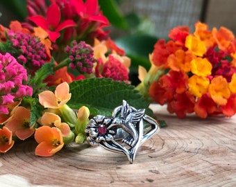 925 sterling silver hummingbird flower heart ring with genuine ruby and diamond, anillo de colibrí con rubí y diamante.