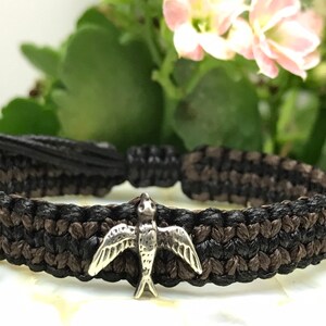 Swallow bird bracelet, solid 925 sterling silver swallow bird or golondrina, adjustable hand braided macrame bracelet, water resistant nylon