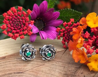 Rose earrings, 925 sterling silver with genuine gemstones, natural birthstone rose earrings, aretes de plata oxidada con piedras genuinas.