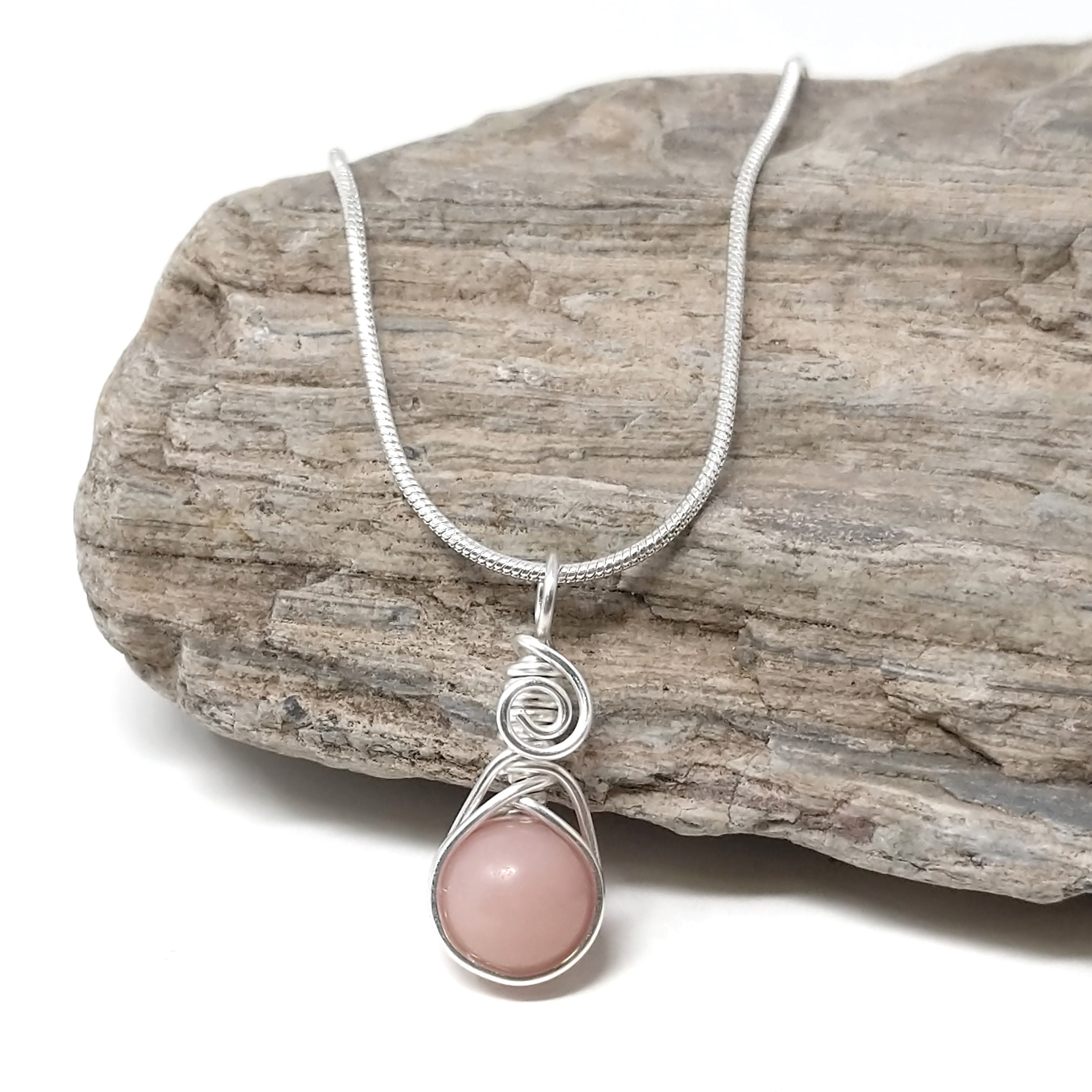 Pink Opal gemstone necklace dainty silver wire wrapped | Etsy
