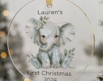 Baby's First Christmas Ornament 2024, Baby Elephant Ornament, Personalized Baby Ornament, Baby Bear Ornament, Clear Acrylic Ornament