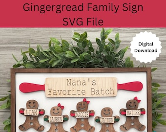 Gingerbread Family Wood Sign SVG File, Gingerbread grandchildren, Glowforge file, Laser cutter file